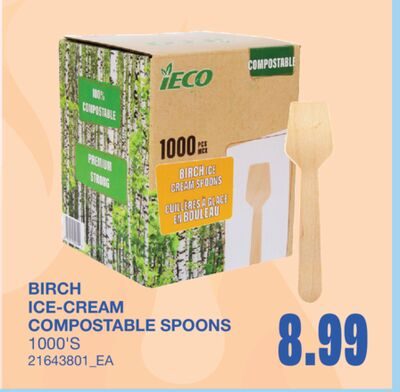 BIRCH ICE-CREAM COMPOSTABLE SPOONS, 1000'S from Wholesale Club