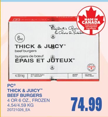 PC® THICK & JUICY™ BEEF BURGERS, 4 OR 6 OZ. from Wholesale Club