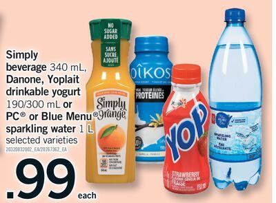 SIMPLY BEVERAGE , DANONE, YOPLAIT DRINKABLE YOGURT OR PC® OR BLUE MENU® SPARKLING WATER from Fortinos