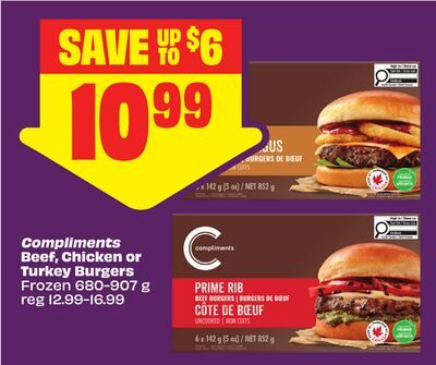 Compliments Beef, Chicken or Turkey Burgers from FreshCo