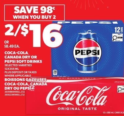 COCA-COLA, CANADA DRY OR PEPSI SOFT DRINKS, 12X355 ML from Your Independent Grocer