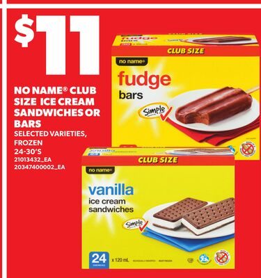 NO NAME® CLUB SIZE ICE CREAM SANDWICHES OR BARS, 24-30'S from Your Independent Grocer