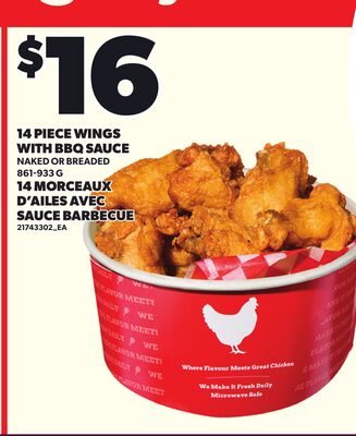 14 PIECE WINGS WITH BBQ SAUCE, NAKED OR BREADED from Your Independent Grocer