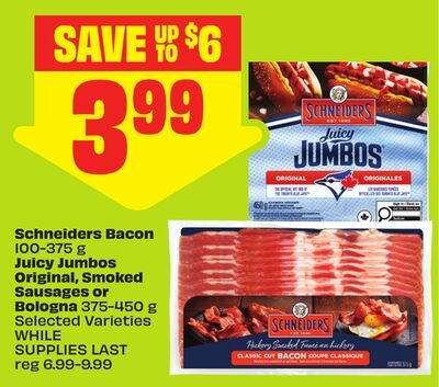 Schneiders Bacon Juicy Jumbos Original, Smoked Sausages or Bologna Selected Varieties from FreshCo