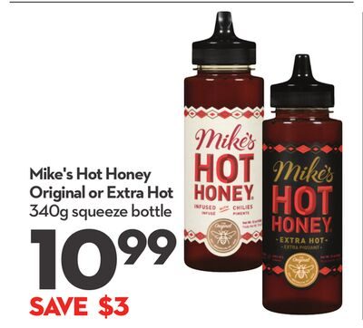 Mike's Hot Honey Original or Extra Hot squeeze bottle from Longo's
