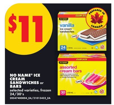 NO NAME® ICE CREAM SANDWICHES OR BARS, 24/30'S from No Frills