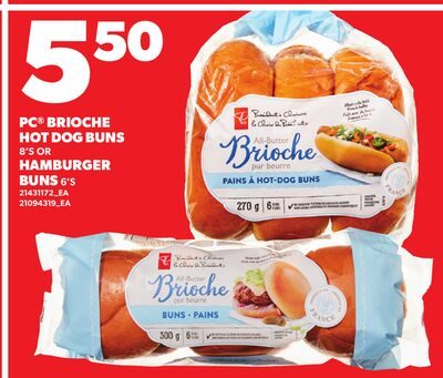 PC® BRIOCHE HOT DOG BUNS 8'S OR HAMBURGER BUNS 6'S from Loblaws