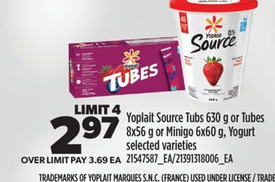 YOPLAIT SOURCE TUBS OR TUBES 8X56 G OR MINIGO 6X60 G, YOGURT from Real Canadian Superstore
