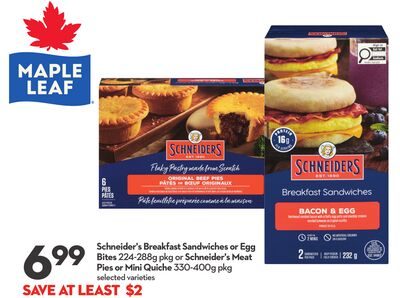Schneiders Breakfast Sandwiches or Egg Bites or Schneider's Meat Pies or Mini Quiche from Longo's