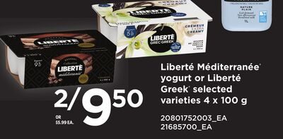 LIBERTÉ MÉDITERRANÉE YOGURT OR LIBERTÉ GREEK, 4 X from Loblaws