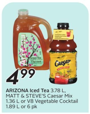 ARIZONA Iced Tea , MATT & STEVE'S Caesar Mix 1. or V8 Vegetable Cocktail 1. or 6 pk from Safeway