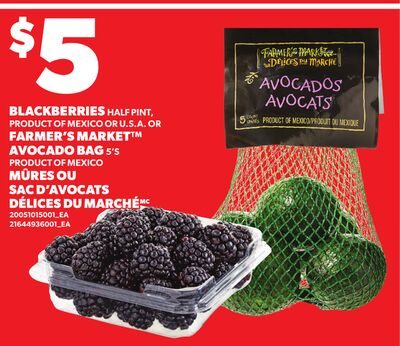 BLACKBERRIES HALF PINT, OR FARMER'S MARKET™ AVOCADO BAG, 5'S from Your Independent Grocer