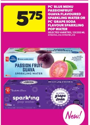 PC® BLUE MENU PASSIONFRUIT GUAVA FLAVOURED SPARKLING WATER OR PC® GRAPE SODA FLAVOUR SPARKLING POP WATER, 12X355 ML from Real Canadian Superstore