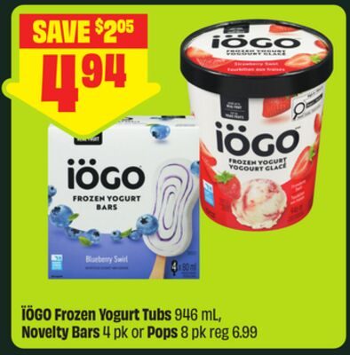 IÖGO Frozen Yogurt Tubs , Novelty Bars 4 pk or Pops 8 pk from FreshCo