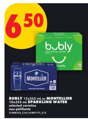 BUBLY, 12X355 ML OR MONTELLIER, 10X355 ML SPARKLING WATER from No Frills