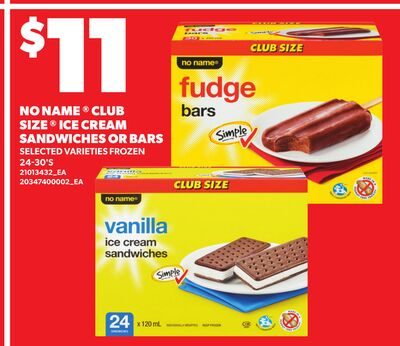 NO NAME® CLUB SIZE ICE CREAM SANDWICHES OR BARS, 24-30'S from Zehrs