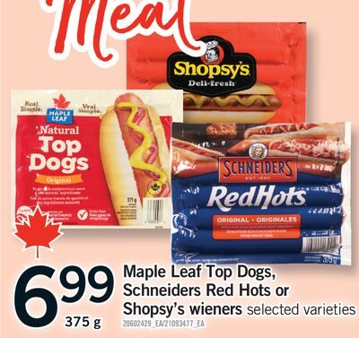 MAPLE LEAF TOP DOGS, SCHNEIDERS RED HOTS OR SHOPSY'S WIENERS from Fortinos