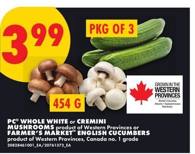 PC® WHOLE WHITE or CREMINI MUSHROOMS, FARMER'S MARKET ENGLISH CUCUMBERS from No Frills