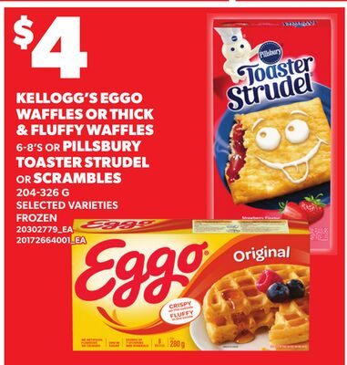KELLOGG'S EGGO WAFFLES OR THICK & FLUFFY WAFFLES, 6-8'S OR PILLSBURY TOASTER STRUDEL OR SCRAMBLES from Your Independent Grocer