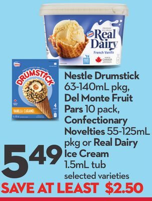 Nestle Drumstick, Del Monte Fruit Pars, Confectionary Novelties or Real Dairy Ice Cream from Longo's