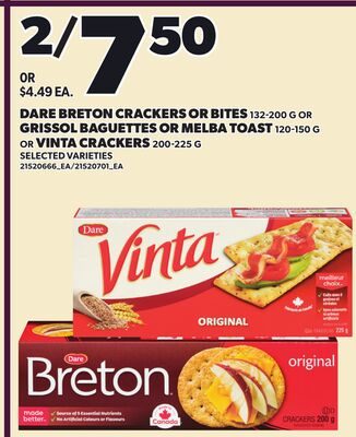 DARE BRETON CRACKERS OR BITES, OR GRISSOL BAGUETTES OR MELBA TOAST, OR VINTA CRACKERS from Loblaws City Market