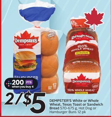 DEMPSTER'S White or Whole Wheat Texas Toast or Sandwich Bread , Hot Dog or Hamburger Buns 12 pk from Safeway