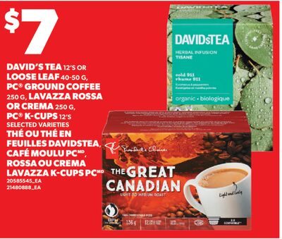 THÉ OU THÉ EN FEUILLES DAVIDSTEA, CAFÉ MOULU PC, ROSSA OU CREMA LAVAZZA K-CUPS PC / DAVID'S TEA, 12'S OR LOOSE LEAF, , PC® GROUND COFFEE, 2, LAVAZZA ROSSA OR CREMA, 2, PC® K-CUPS, 12'S from Valu-mart