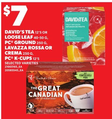 DAVID'S TEA, 12'S OR LOOSE LEAF, , PC® GROUND, 2, LAVAZZA ROSSA OR CREMA, 2, PC® K-CUPS, 12'S from Loblaws City Market