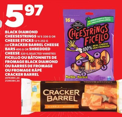 BLACK DIAMOND CHEESESTRINGS, 16'S OR CHEESE STICKS, 12'S OR CRACKER BARREL CHEESE BARS, OR SHREDDED CHEESE from Your Independent Grocer