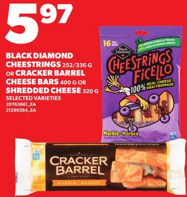 BLACK DIAMOND CHEESTRINGS, OR CRACKER BARREL CHEESE BARS, OR SHREDDED CHEESE from Your Independent Grocer