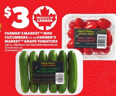 FARMER'S MARKET™ MINI CUCUMBERS 6'S OR FARMER'S MARKET™ GRAPE TOMATOES from Your Independent Grocer