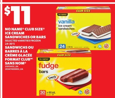 NO NAME® CLUB SIZE® ICE CREAM SANDWICHES OR BARS, 24-30'S from Your Independent Grocer