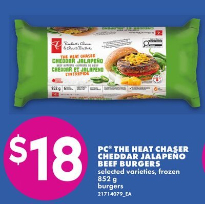 PC® THE HEAT CHASER CHEDDAR JALAPEÑO BEEF BURGERS from No Frills