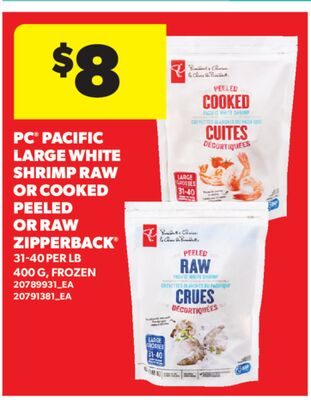 PC® PACIFIC LARGE WHITE SHRIMP RAW OR COOKED PEELED OR RAW ZIPPERBACK® 31-40 PER LB from Real Canadian Superstore