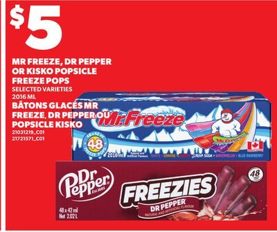 MR FREEZE, DR PEPPER OR KISKO POPSICLE FREEZE POPS from Your Independent Grocer