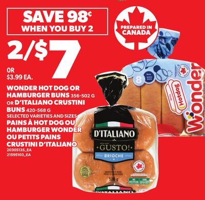 WONDER HOT DOG OR HAMBURGER BUNS, OR D'ITALIANO CRUSTINI BUNS from Your Independent Grocer