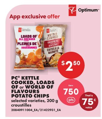 PC® KETTLE COOKED, LOADS OF or WORLD OF FLAVOURS POTATO CHIPS from No Frills