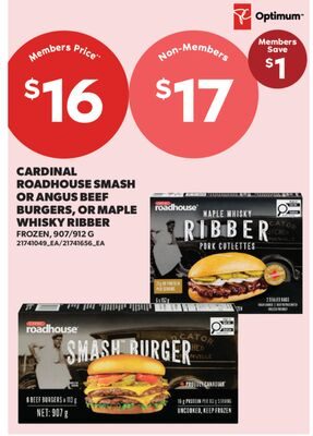 CARDINAL ROADHOUSE SMASH OR ANGUS BEEF BURGERS, OR MAPLE WHISKY RIBBER from Real Canadian Superstore