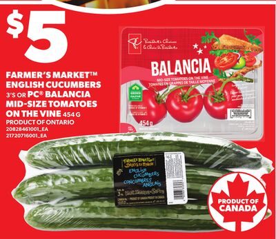 FARMER'S MARKET™ ENGLISH CUCUMBERS 3'S OR PC® BALANCIA MID-SIZE TOMATOES ON THE VINE from Loblaws