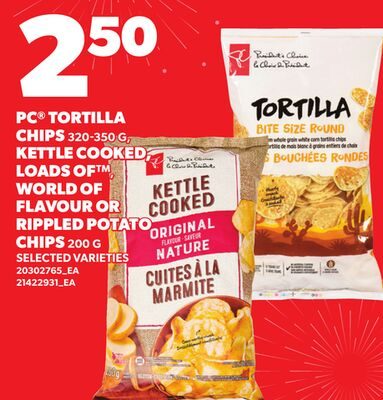 PC® TORTILLA CHIPS, KETTLE COOKED, LOADS OF™ WORLD OF FLAVOUR OR RIPPLED POTATO CHIPS from Loblaws City Market