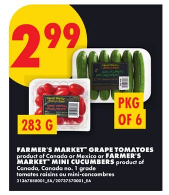 FARMER'S MARKET™ GRAPE TOMATOES, OR FARMER'S MARKET™ MINI CUCUMBERS, PKG OF 6 from No Frills