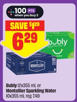Bubly 12x355 mL or Montellier Sparkling Water 10x355 mL from FreshCo