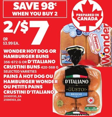 WONDER HOT DOG OR HAMBURGER BUNS, OR D'ITALIANO CRUSTINI BUNS from Your Independent Grocer