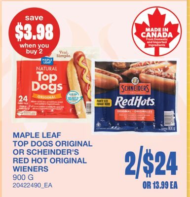 TOP DOGS ORIGINAL OR RED HOT ORIGINAL WIENERS from Wholesale Club